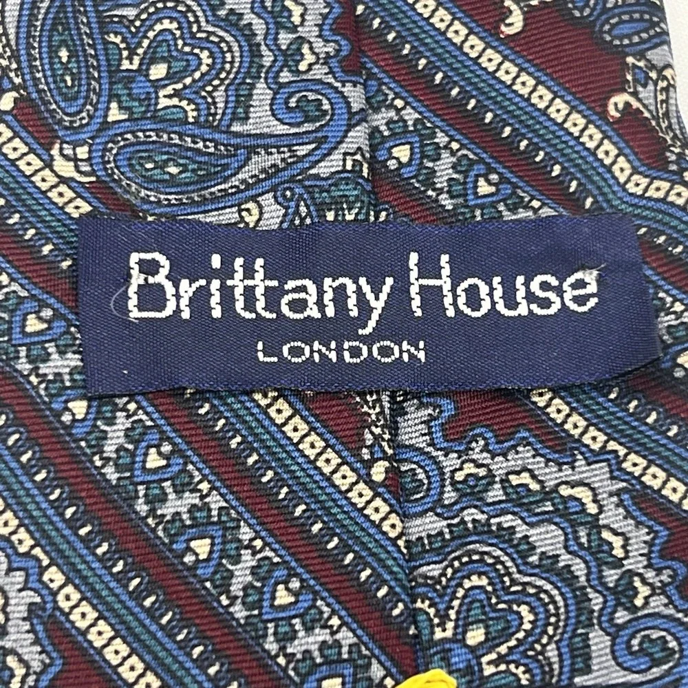 Vintage Brittany House London Silk Tie Blue Burgundy Paisley Stripe Mens Necktie